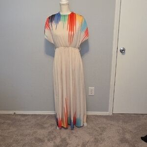 SHEIN Pleated Cream and Orange Maxi Gown with Dolman Sleeves